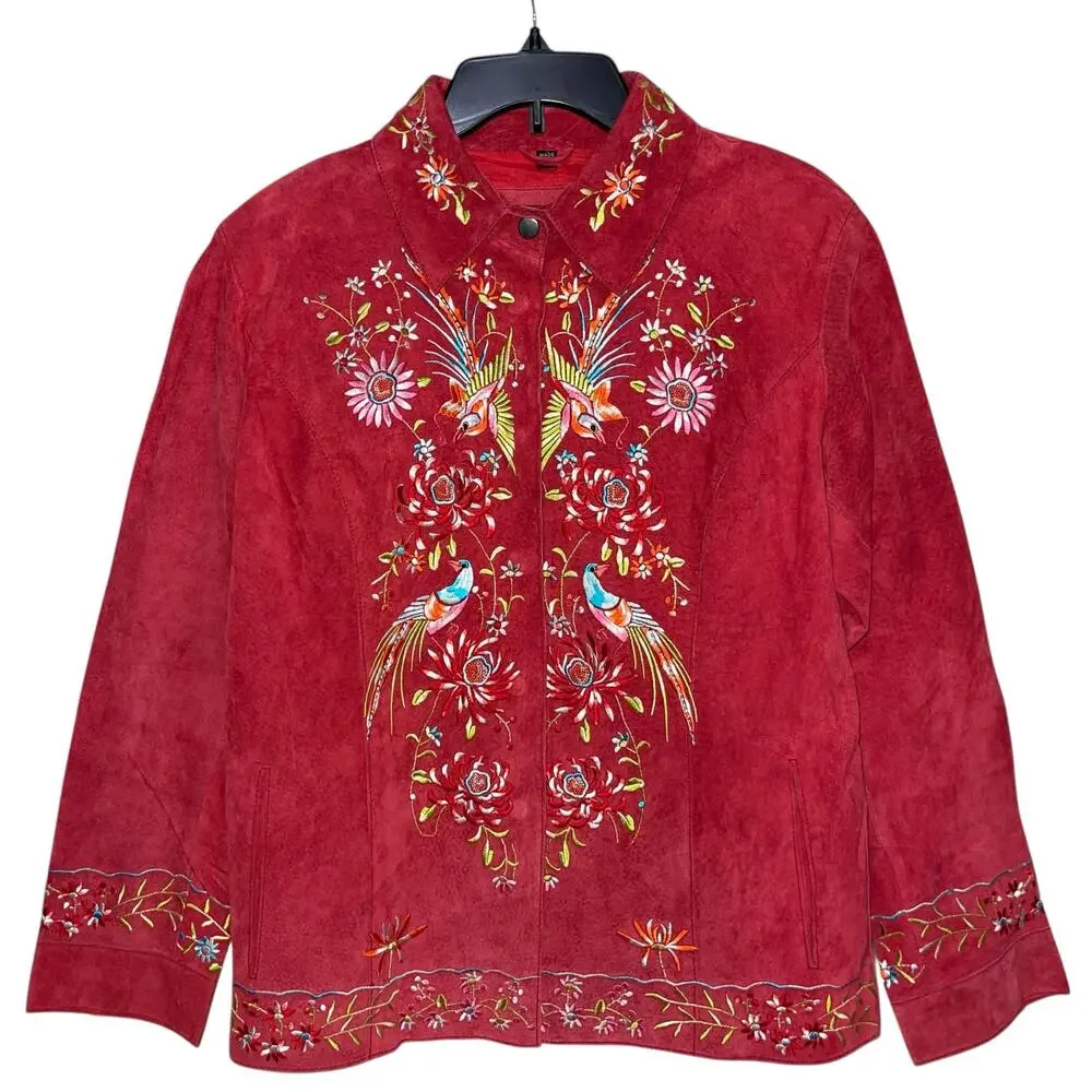 Suede Embroidered Vintage Jacket Birds Floral Leather - Picture 4 of 10